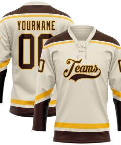 Custom Cream Brown-Gold Hockey Lace Neck Jersey