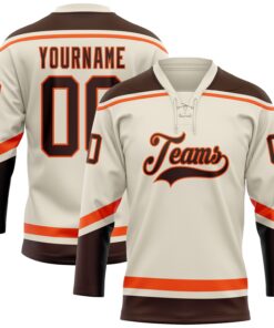 Custom Cream Brown-Orange Hockey Lace Neck Jersey