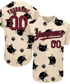 Custom Cream Crimson-Black 3D Pattern Design Cat Authentic Baseball Jersey