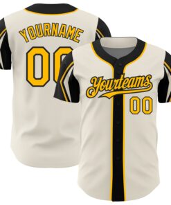Custom Cream Gold-Black 3 Colors Arm Shapes Authentic Baseball Jersey
