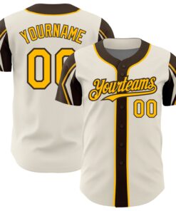 Custom Cream Gold-Brown 3 Colors Arm Shapes Authentic Baseball Jersey