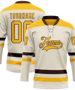 Custom Cream Gold-Brown Hockey Lace Neck Jersey
