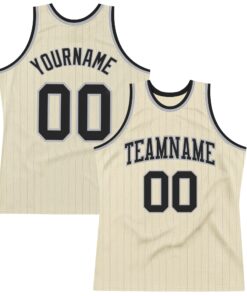 Custom Cream Gray Pinstripe Black Authentic Basketball Jersey