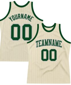 Custom Cream Gray Pinstripe Green Authentic Basketball Jersey
