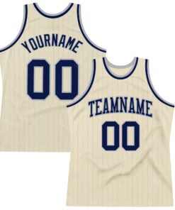 Custom Cream Gray Pinstripe Navy Authentic Basketball Jersey