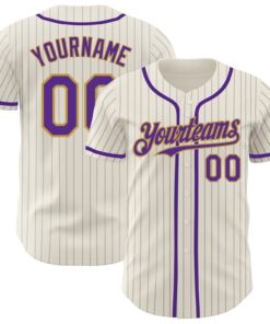 Custom Cream Gray Pinstripe Purple-Old Gold Authentic Baseball Jersey