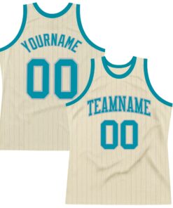 Custom Cream Gray Pinstripe Teal Authentic Basketball Jersey