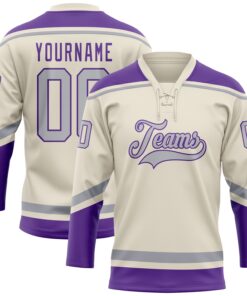Custom Cream Gray-Purple Hockey Lace Neck Jersey