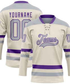 Custom Cream Gray-Purple Hockey Lace Neck Jersey