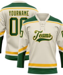 Custom Cream Green-Gold Hockey Lace Neck Jersey