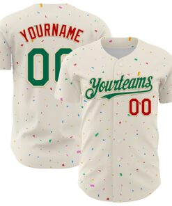 Custom Cream Kelly Green-Red 3D Pattern Design Confetti Authentic Baseball Jersey