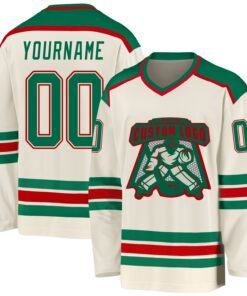 Custom Cream Kelly Green-Red Hockey Jersey
