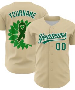 Custom Cream Kelly Green-White 3D Liver Cancer Ribbon Authentic Baseball Jersey