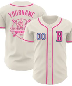 Custom Cream Light Blue Black-Pink Authentic Baseball Jersey
