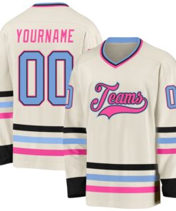 Custom Cream Light Blue Black-Pink Hockey Jersey