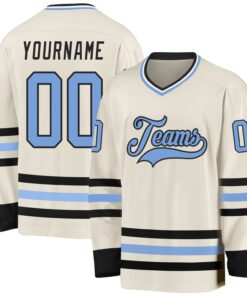 Custom Cream Light Blue Black-White Hockey Jersey