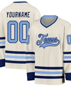 Custom Cream Light Blue-Navy Hockey Jersey