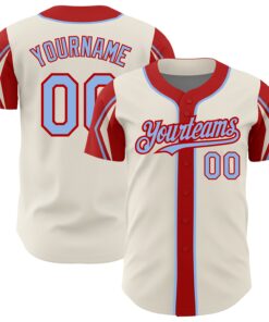 Custom Cream Light Blue-Red 3 Colors Arm Shapes Authentic Baseball Jersey