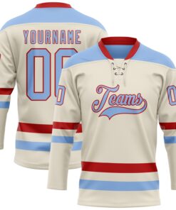 Custom Cream Light Blue-Red Hockey Lace Neck Jersey