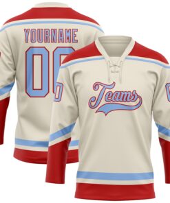Custom Cream Light Blue-Red Hockey Lace Neck Jersey