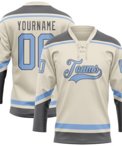 Custom Cream Light Blue-Steel Gray Hockey Lace Neck Jersey