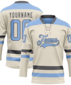 Custom Cream Light Blue-Steel Gray Hockey Lace Neck Jersey