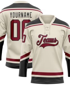 Custom Cream Maroon-Black Hockey Lace Neck Jersey