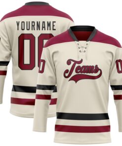 Custom Cream Maroon-Black Hockey Lace Neck Jersey
