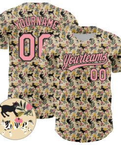 Custom Cream Medium Pink-Black 3D Pattern Design Animal Cat Authentic Baseball Jersey