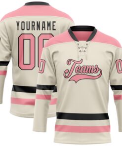 Custom Cream Medium Pink-Black Hockey Lace Neck Jersey