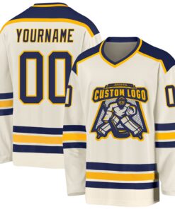 Custom Cream Navy-Gold Hockey Jersey