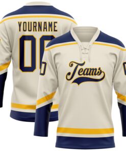 Custom Cream Navy-Gold Hockey Lace Neck Jersey