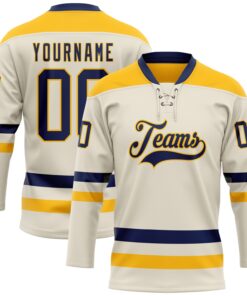 Custom Cream Navy-Gold Hockey Lace Neck Jersey