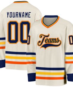 Custom Cream Navy Gold-Orange Hockey Jersey