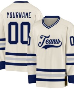 Custom Cream Navy-Gray Hockey Jersey