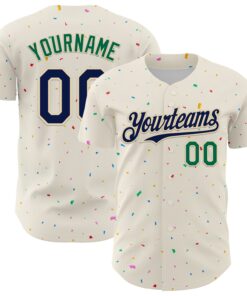 Custom Cream Navy-Kelly Green 3D Pattern Design Confetti Authentic Baseball Jersey