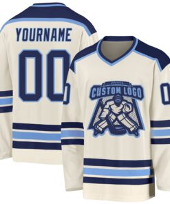 Custom Cream Navy-Light Blue Hockey Jersey