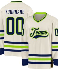 Custom Cream Navy-Neon Green Hockey Jersey