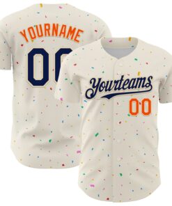 Custom Cream Navy-Orange 3D Pattern Design Confetti Authentic Baseball Jersey