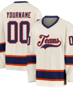 Custom Cream Navy-Orange Hockey Jersey