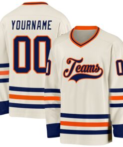 Custom Cream Navy-Orange Hockey Jersey