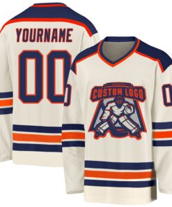 Custom Cream Navy-Orange Hockey Jersey