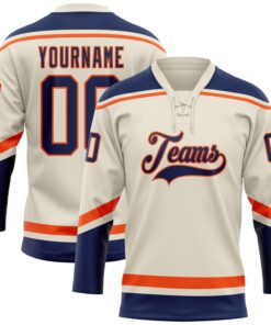 Custom Cream Navy-Orange Hockey Lace Neck Jersey