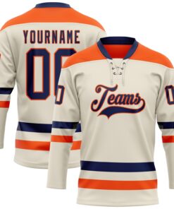 Custom Cream Navy-Orange Hockey Lace Neck Jersey