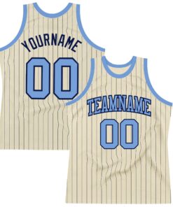 Custom Cream Navy Pinstripe Light Blue Authentic Basketball Jersey