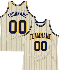 Custom Cream Navy Pinstripe Navy-Gold Authentic Basketball Jersey