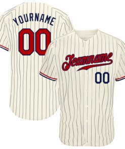 Custom Cream Navy Pinstripe Navy-Red Authentic Baseball Jersey