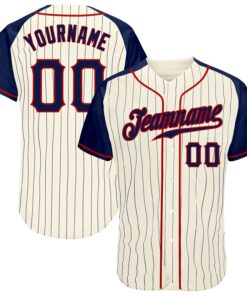 Custom Cream Navy Pinstripe Navy-Red Authentic Raglan Sleeves Baseball Jersey