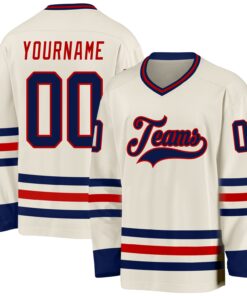 Custom Cream Navy-Red Hockey Jersey