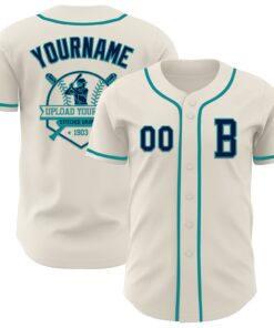 Custom Cream Navy-Teal Authentic Baseball Jersey